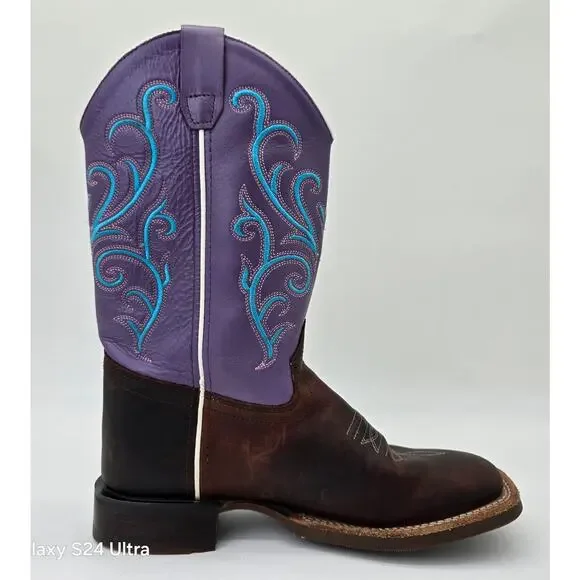 Old West Western Boots Purple Brown Leather Square Toe Cowboy Cowgirl Girls 3.5D - Picture 3 of 9